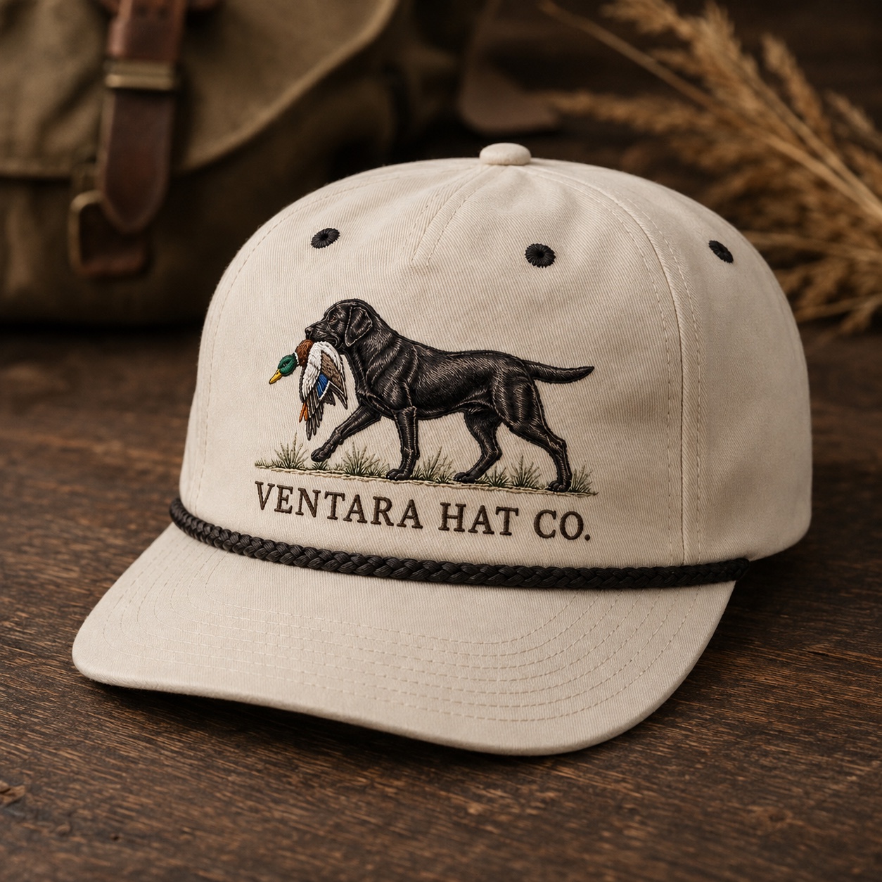 Cream cap with bird-dog embroidery and black rope