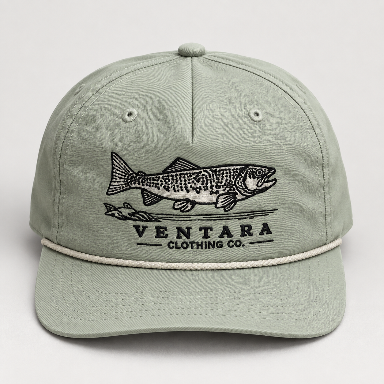 Sage Ventara Clothing Co. cap with black fish embroidery and cream rope